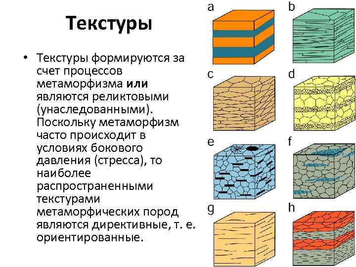 Текстуры • Текстуры формируются за счет процессов метаморфизма или являются реликтовыми (унаследованными). Поскольку метаморфизм