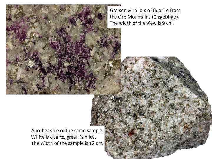 Greisen with lots of fluorite from the Ore Mountains (Erzgebirge). The width of the