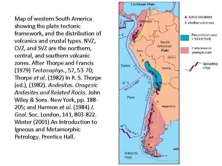 Map of western South America showing the plate tectonic framework, and the distribution of