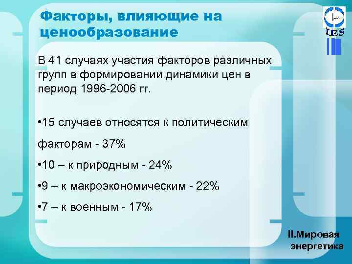 Факторы, влияющие на ценообразование В 41 случаях участия факторов различных групп в формировании динамики