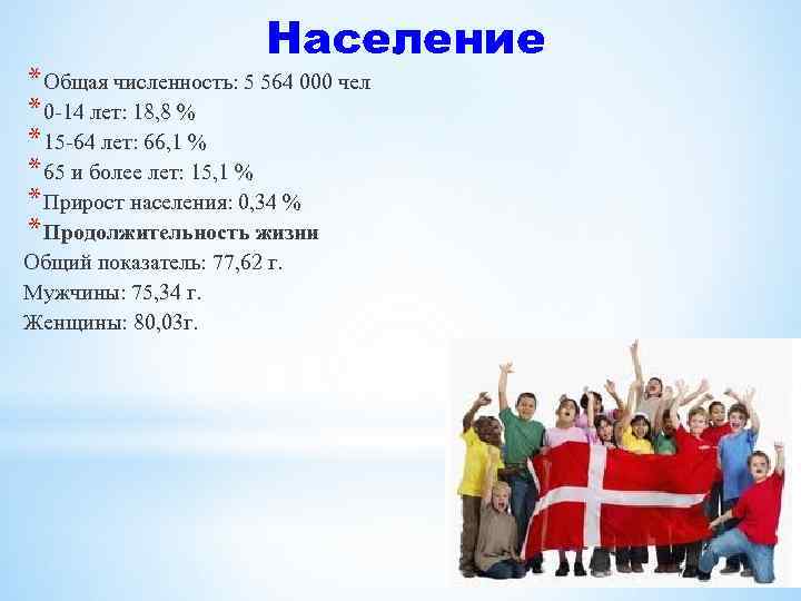 Население * Общая численность: 5 564 000 чел * 0 -14 лет: 18, 8