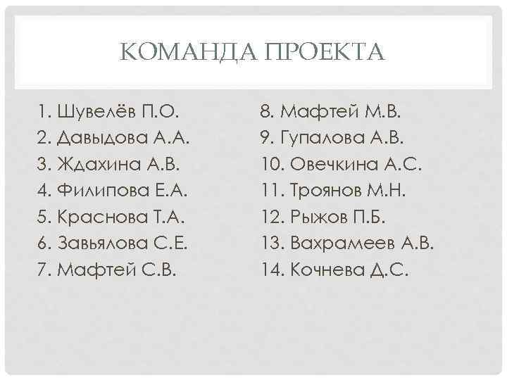 КОМАНДА ПРОЕКТА 1. Шувелёв П. О. 2. Давыдова А. А. 3. Ждахина А. В.