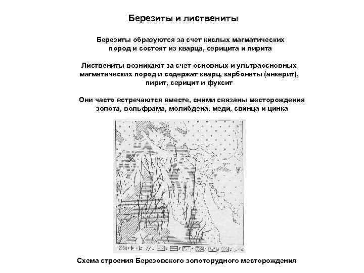 Березиты и листвениты Березиты образуются за счет кислых магматических пород и состоят из кварца,