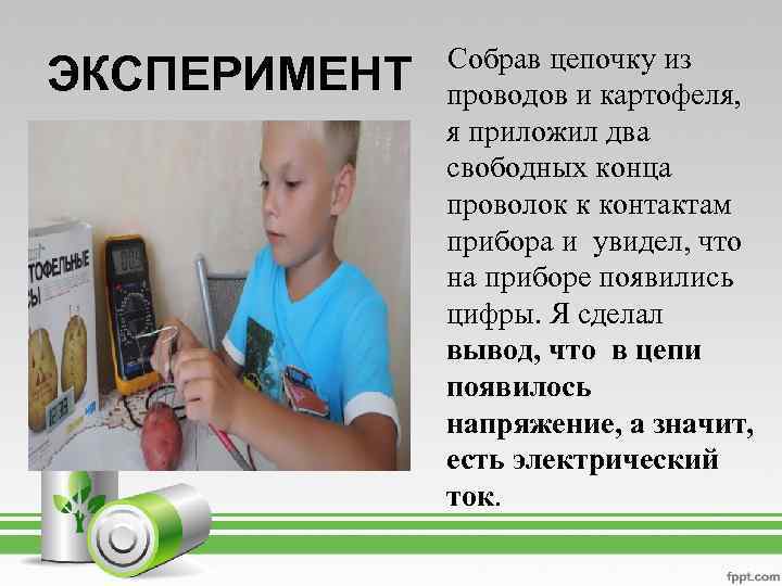 ЭКСПЕРИМЕНТ Собрав цепочку из проводов и картофеля, я приложил два свободных конца проволок к