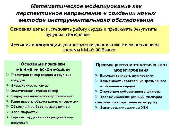 Математическое моделирование как перспективное направление в создании новых методов инструментального обследования Основная цель: исследовать