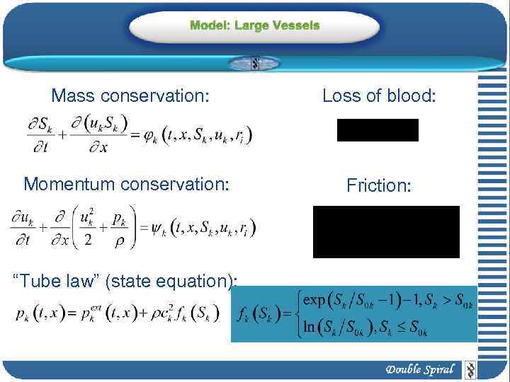 Model: Large Vessels Mass conservation: Loss of blood: Momentum conservation: Friction: “Tube law” (state