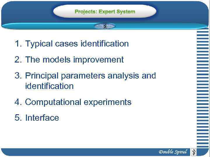 Projects: Expert System 1. Typical cases identification 2. The models improvement 3. Principal parameters