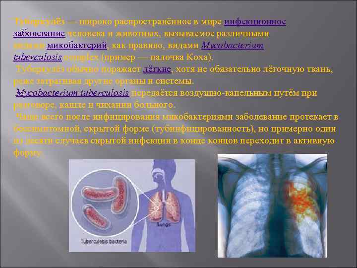 Туберкулёз — широко распространённое в мире инфекционное заболевание человека и животных, вызываемое различными видами