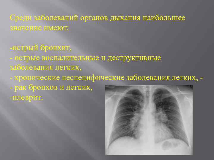 Среди заболеваний органов дыхания наибольшее значение имеют: -острый бронхит, - острые воспалительные и деструктивные