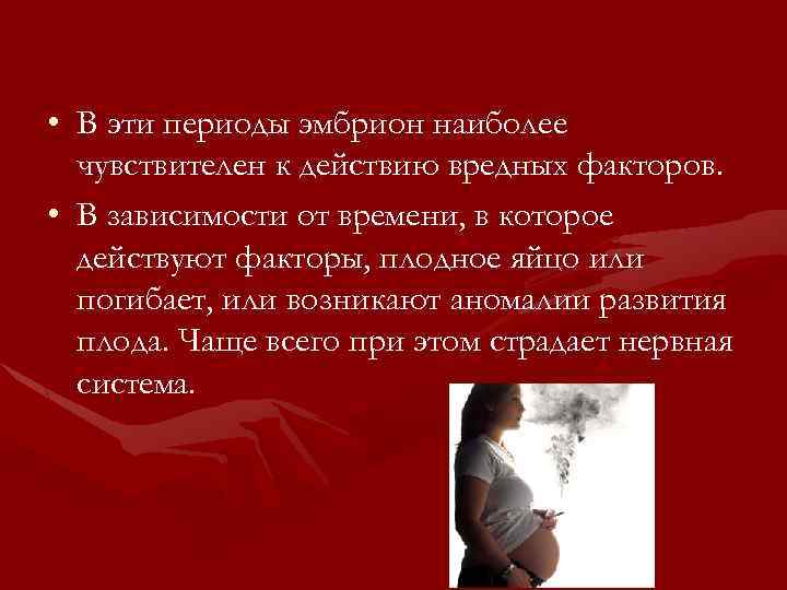  • В эти периоды эмбрион наиболее чувствителен к действию вредных факторов. • В