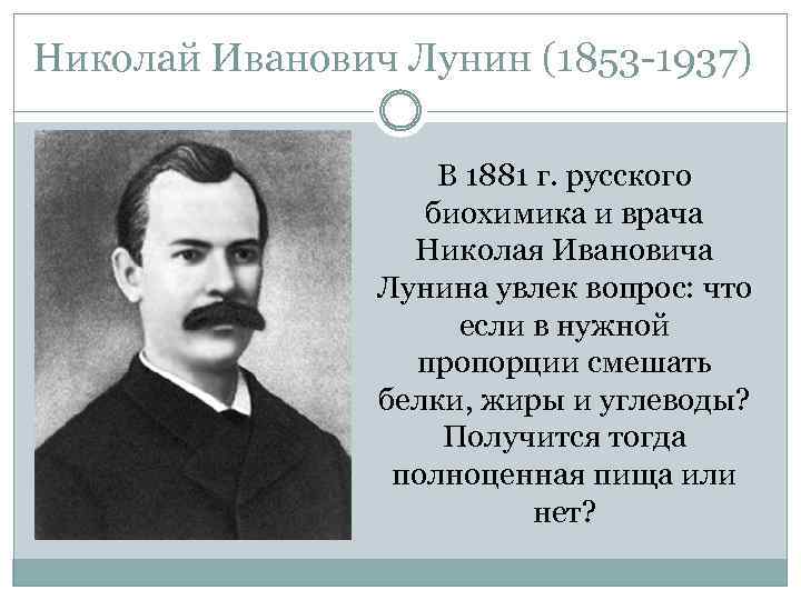 Николай Иванович Лунин (1853 -1937) В 1881 г. русского биохимика и врача Николая Ивановича
