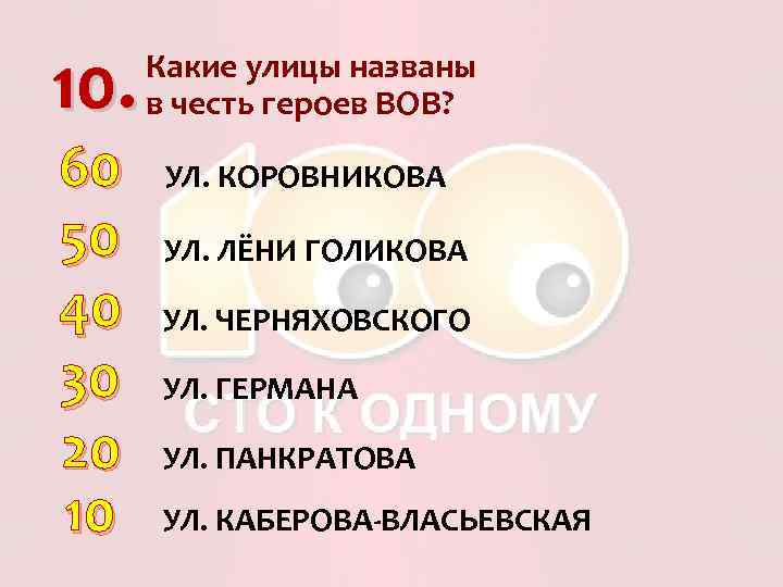 10. 60 50 40 30 20 10 Какие улицы названы в честь героев ВОВ?