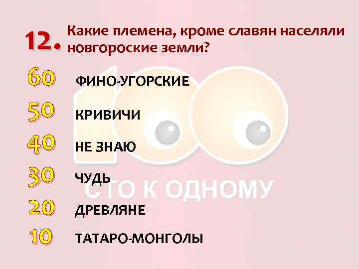 12. 60 50 40 30 20 10 Какие племена, кроме славян населяли новгороские земли?