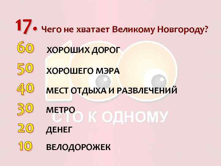 17. Чего не хватает Великому Новгороду? 60 50 40 30 20 10 ХОРОШИХ ДОРОГ