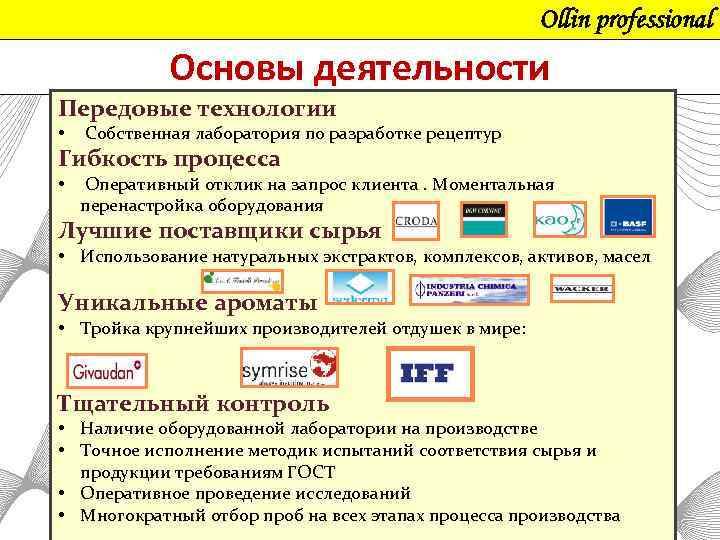 Ollin professional Основы деятельности Передовые технологии • Собственная лаборатория по разработке рецептур Гибкость процесса
