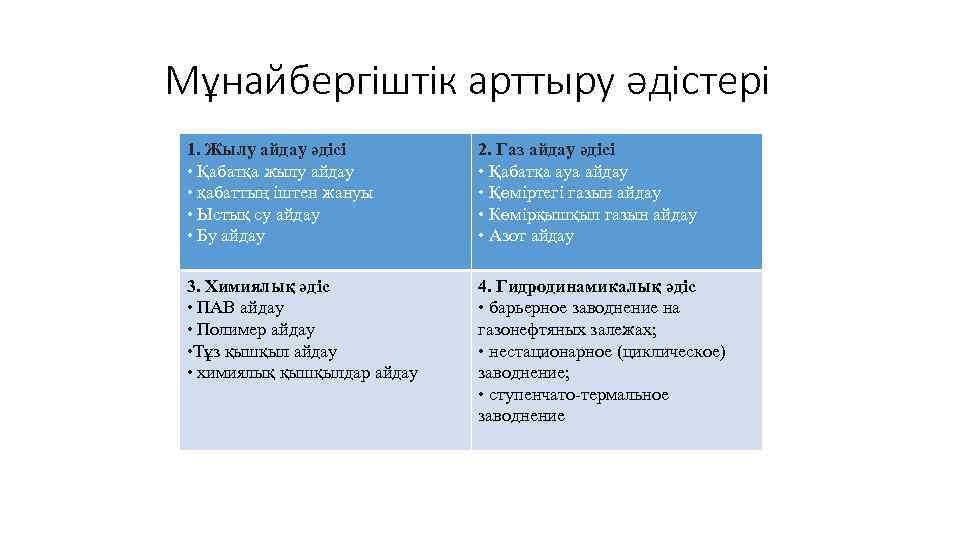 Мұнайбергіштік арттыру әдістері 1. Жылу айдау әдісі • Қабатқа жылу айдау • қабаттың іштен