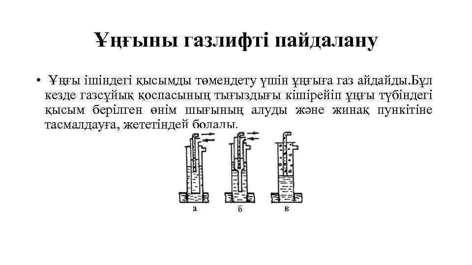 Ұңғыны газлифті пайдалану • Ұңғы ішіндегі қысымды төмендету үшін ұңғыға газ айдайды. Бұл кезде