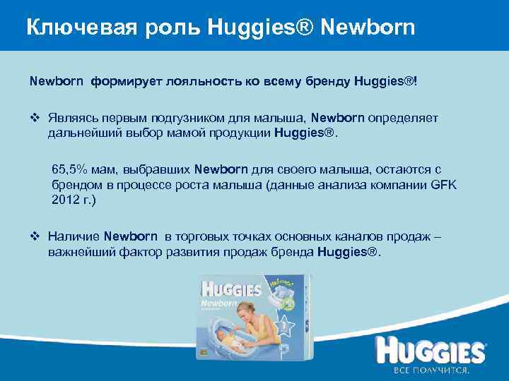 Ключевая роль Huggies® Newborn формирует лояльность ко всему бренду Huggies®! v Являясь первым подгузником