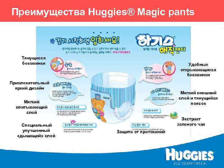 Преимущества Huggies® Magic pants Тянущиеся боковинки Удобные открывающиеся боковинки Привлекательный яркий дизайн Мягкий внешний