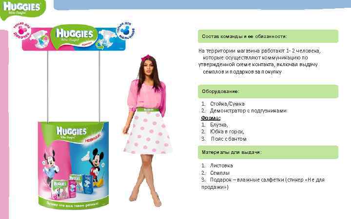 Команда Huggies Состав команды и ее обязанности: На территории магазина работают 1 - 2