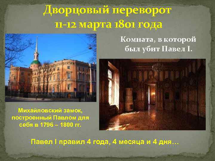 Дворцовый переворот 11 -12 марта 1801 года Комната, в которой был убит Павел I.