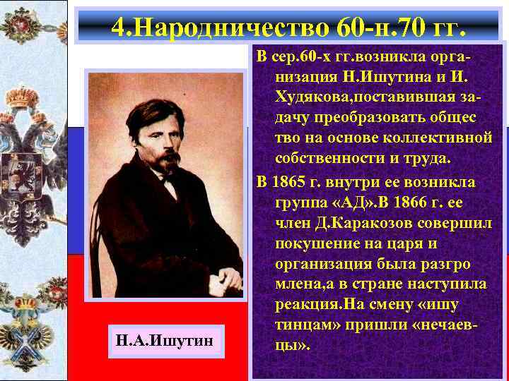 4. Народничество 60 -н. 70 гг. Н. А. Ишутин В сер. 60 -х гг.