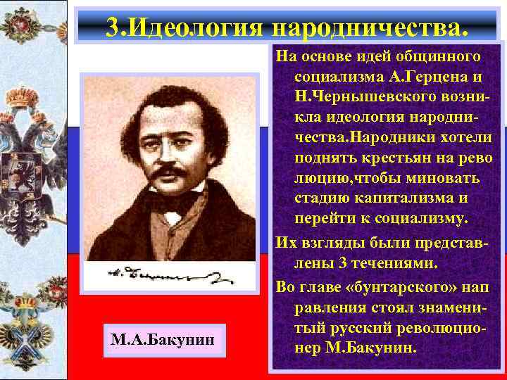 3. Идеология народничества. М. А. Бакунин На основе идей общинного социализма А. Герцена и