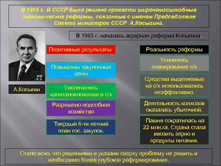 В 1965 г. В СССР было решено провести широкомасштабные экономические реформы, связанные с именем