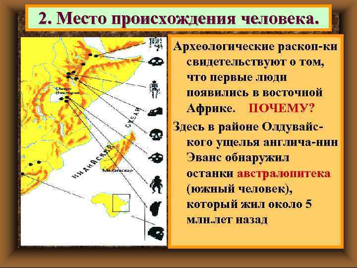 2. Место происхождения человека. Археологические раскоп-ки свидетельствуют о том, что первые люди появились в