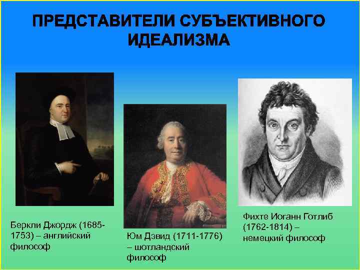 Беркли Джордж (16851753) – английский философ Юм Дэвид (1711 -1776) – шотландский философ Фихте