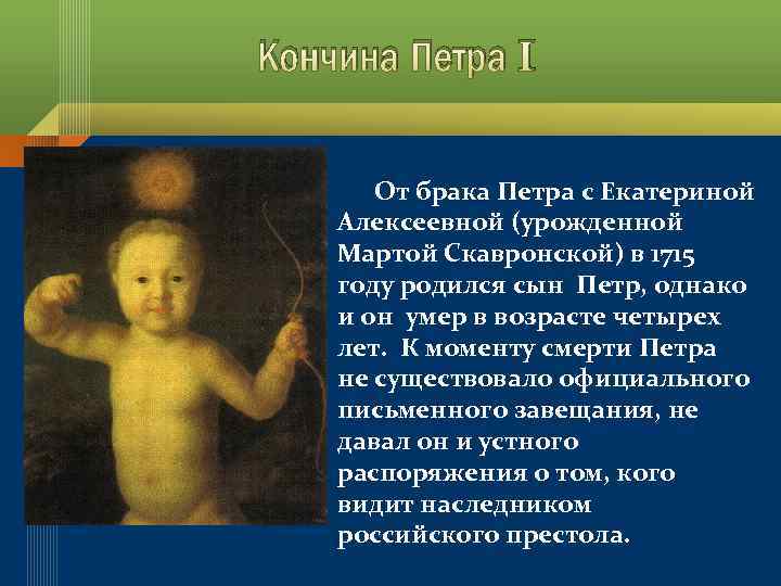 Кончина Петра I От брака Петра с Екатериной Алексеевной (урожденной Мартой Скавронской) в 1715