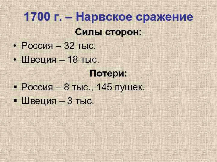 1700 г. – Нарвское сражение • • § § Силы сторон: Россия – 32