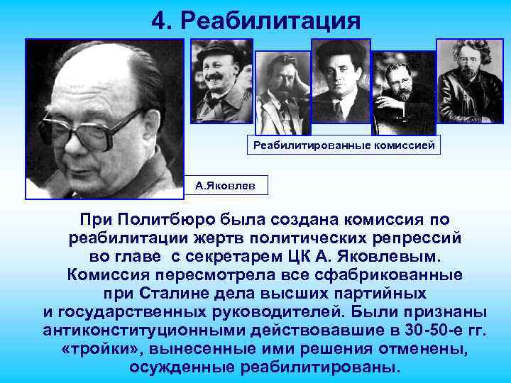 4. Реабилитация Реабилитированные комиссией А. Яковлев При Политбюро была создана комиссия по реабилитации жертв