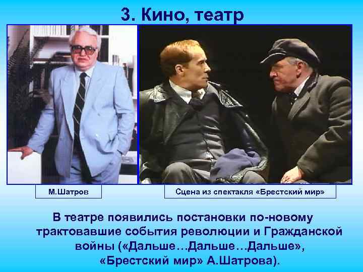 3. Кино, театр М. Шатров Сцена из спектакля «Брестский мир» В театре появились постановки