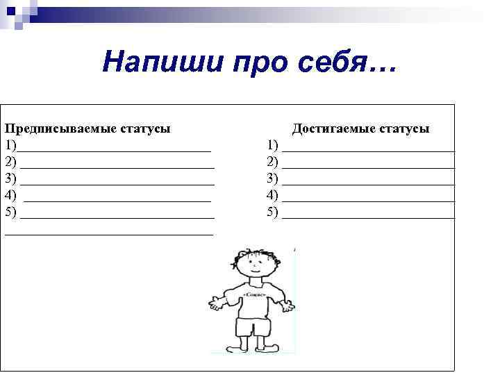 Напиши про себя… Предписываемые статусы 1)______________ 2) ______________ 3) ______________ 4) ______________ 5) ______________________________