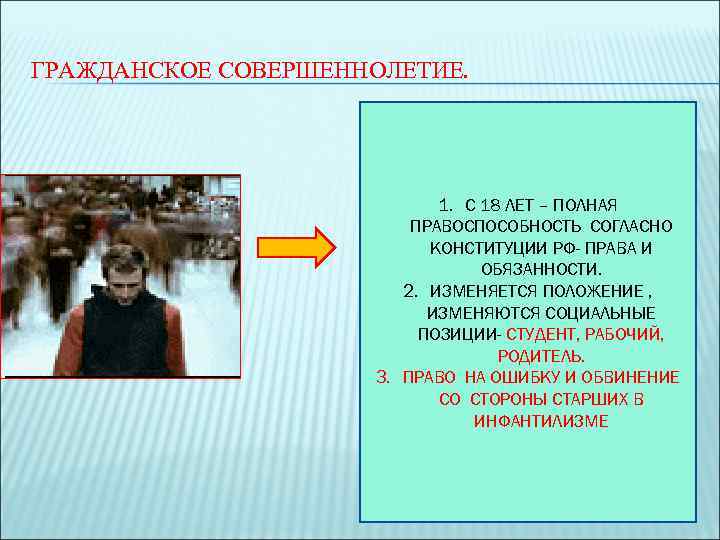 ГРАЖДАНСКОЕ СОВЕРШЕННОЛЕТИЕ. 1. С 18 ЛЕТ – ПОЛНАЯ ПРАВОСПОСОБНОСТЬ СОГЛАСНО КОНСТИТУЦИИ РФ- ПРАВА И