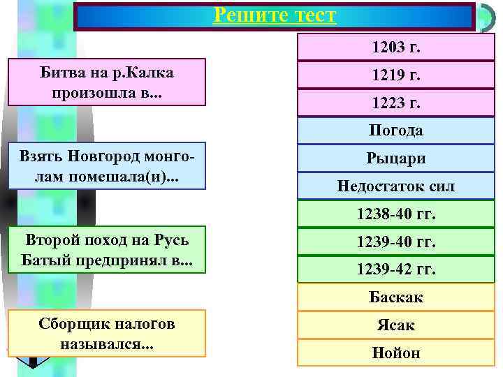 Решите тест Меню 1203 г. Битва на р. Калка произошла в. . . 1219