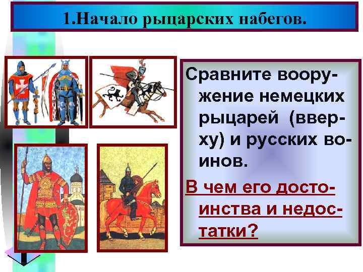 Меню 1. Начало рыцарских набегов. Сравните вооружение немецких рыцарей (вверху) и русских воинов. В