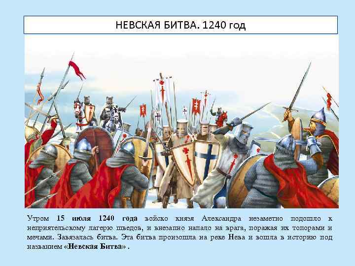 НЕВСКАЯ БИТВА. 1240 год Утром 15 июля 1240 года войско князя Александра незаметно подошло
