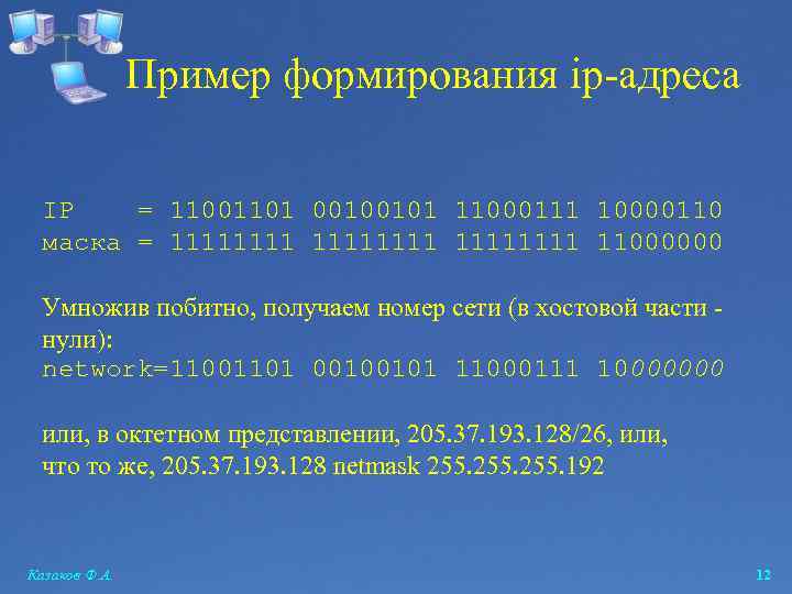 Пример формирования ip-адреса IP = 11001101 00100101 11000111 10000110 маска = 11111111 11000000 Умножив