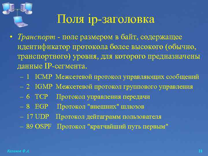 Поля ip-заголовка • Транспорт - поле размером в байт, содержащее идентификатор протокола более высокого