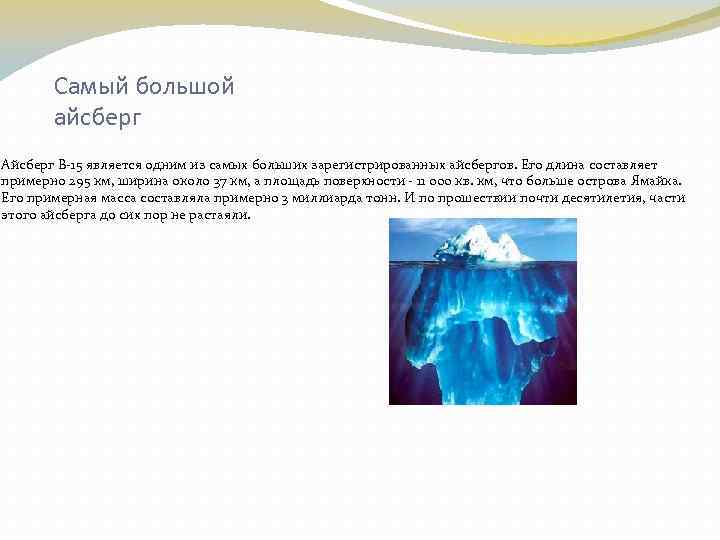 Самый большой айсберг Айсберг B-15 является одним из самых больших зарегистрированных айсбергов. Его длина