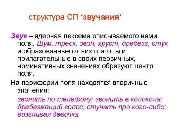 структура СП ‘звучания’ Звук – ядерная лексема описываемого нами поля. Шум, треск, звон, хруст,