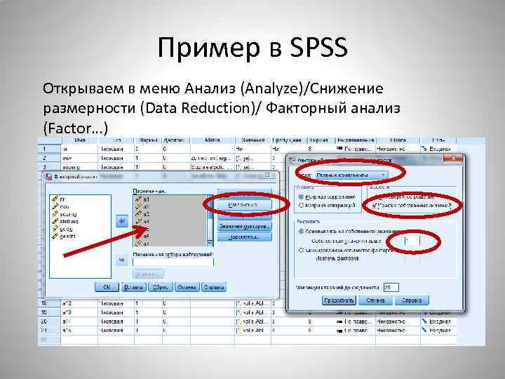 Пример в SPSS Открываем в меню Анализ (Analyze)/Снижение размерности (Data Reduction)/ Факторный анализ (Factor…)