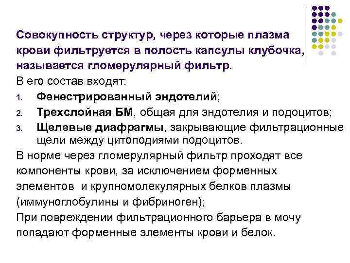 Совокупность структур, через которые плазма крови фильтруется в полость капсулы клубочка, называется гломерулярный фильтр.