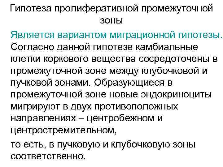 Гипотеза пролиферативной промежуточной зоны Является вариантом миграционной гипотезы. Согласно данной гипотезе камбиальные клетки коркового