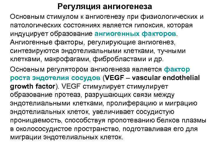Регуляция ангиогенеза Основным стимулом к ангиогенезу при физиологических и патологических состояниях является гипоксия, которая