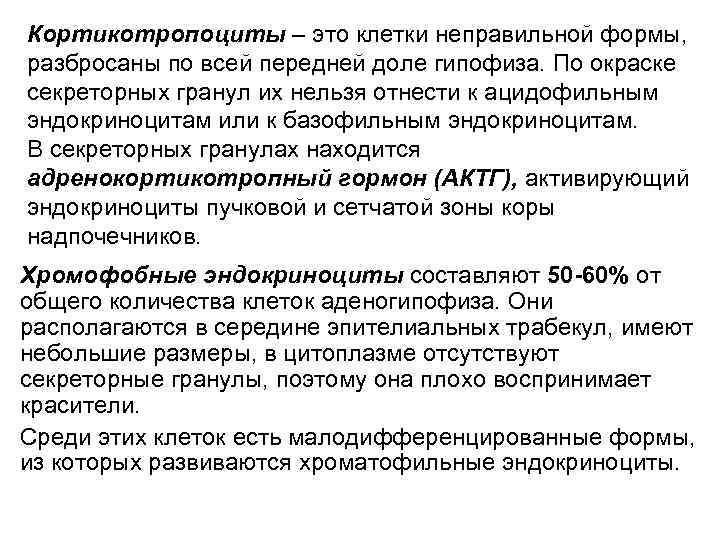 Кортикотропоциты – это клетки неправильной формы, разбросаны по всей передней доле гипофиза. По окраске