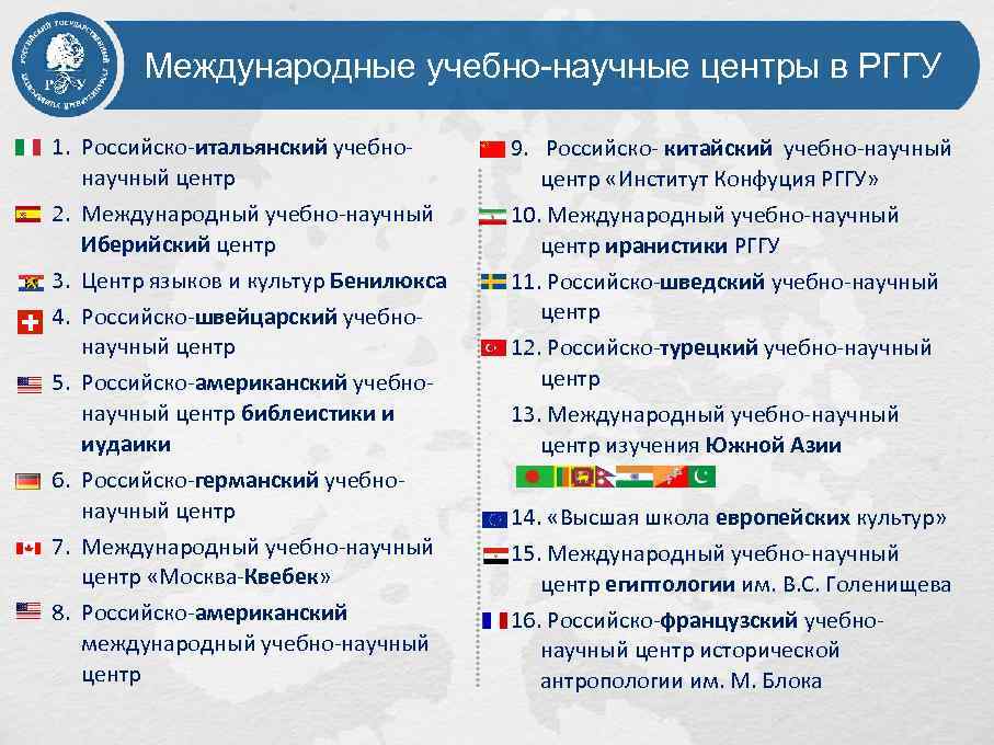 Международные учебно-научные центры в РГГУ 1. Российско-итальянский учебнонаучный центр 2. Международный учебно-научный Иберийский центр