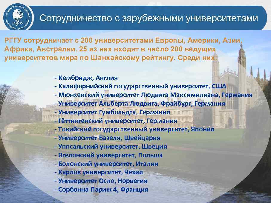 Сотрудничество с зарубежными университетами РГГУ сотрудничает с 200 университетами Европы, Америки, Азии, Африки, Австралии.